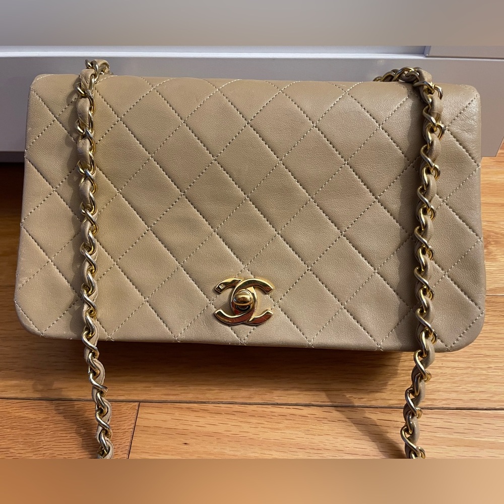 Chanel vintage beige single full flap 24k gold plated hardware with turn lock